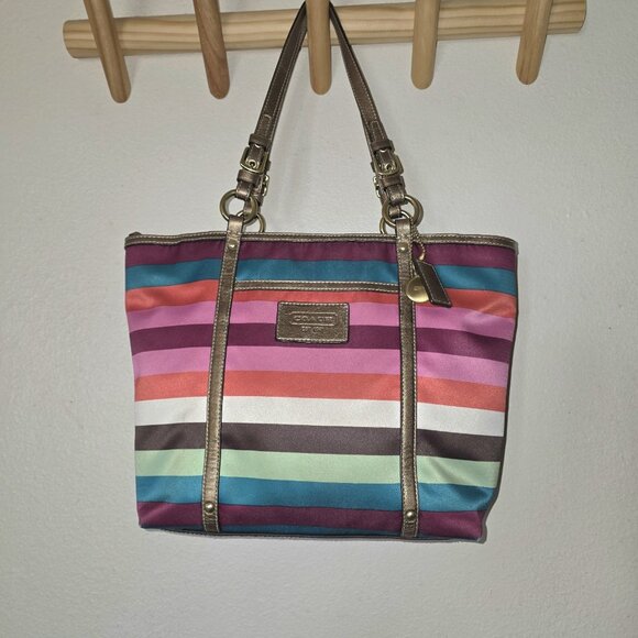 Coach Legacy Multicolor Stripe Sateen Tote Shoulder Bag F14009 Metallic Trim - Picture 2 of 16